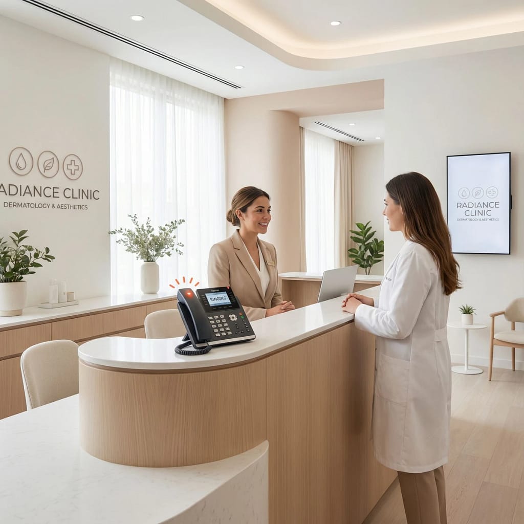 Modern medical spa reception desk at Radiance Clinic showing a ringing phone while receptionist assists a medical professional, illustrating the need for Losi Nexus AI agent platform to handle incoming calls without interruption.